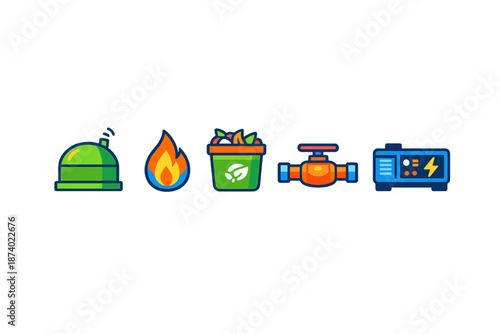 Set of icons representing different energy sources and related equipment