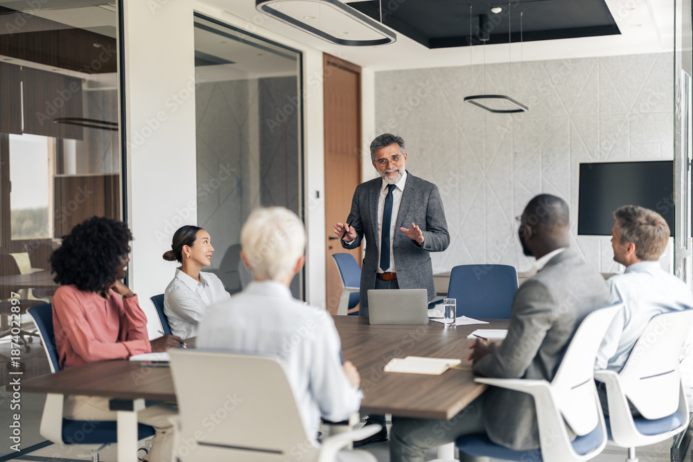 Fototapeta premium Mature businessman manager leading diverse team meeting
