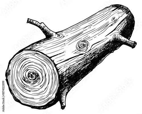 Hand drawn line art illustration of a log depicting detailed wood grain and texture for nature and forestry designs