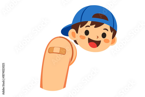 Happy child with band-aid on arm, representing vaccination or protection
