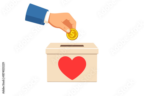 Hand dropping coin into donation box with heart