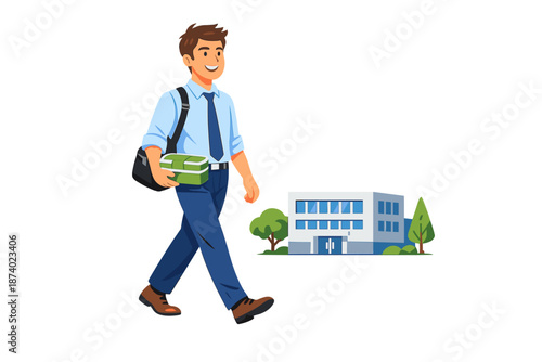 Smiling man walking to office with lunchbox