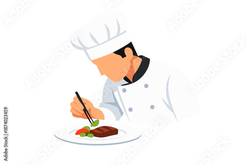 Chef plating a steak with garnishes