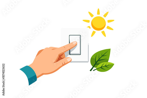 Turning off light switch with sun and leaves for energy saving concept