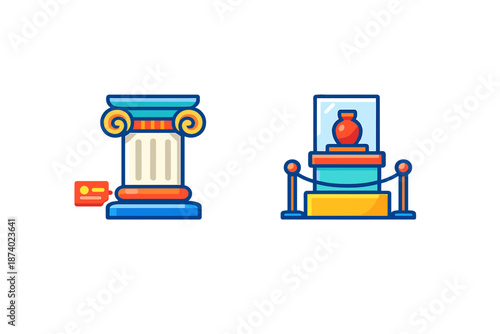 Museum exhibit icons with ancient column and pottery in display case