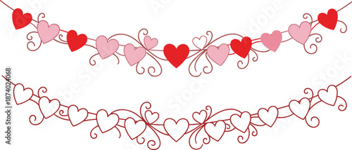 Romantic heart garland vector illustration with decorative strings, red and pink hearts, swirling vine designs, Valentine’s Day love decoration