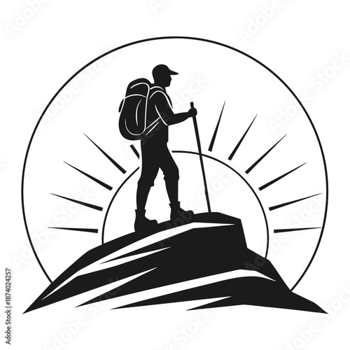 Lone Hiker on Mountain Peak Silhouette