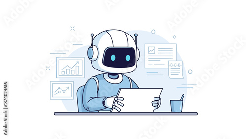 Friendly robot analyzing data with tablet: futuristic ai technology in office setting