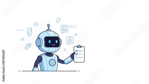 Cheerful blue robot holding checklist in futuristic design