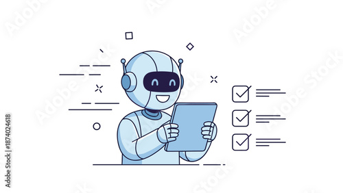 Cute robot holding tablet with checklists in minimalist style