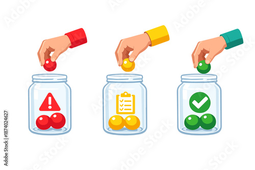Hands dropping colored balls into jars with icons