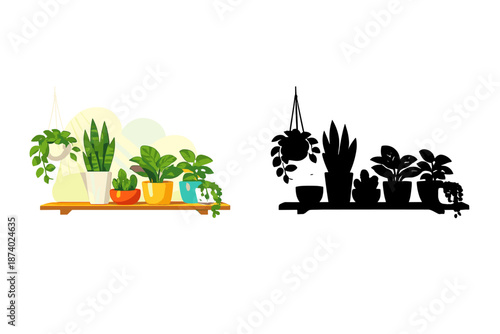 Potted plants on a shelf with warm lighting