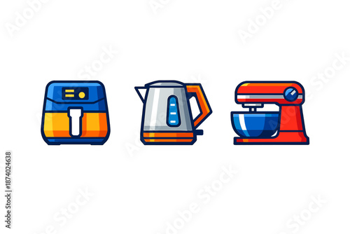 Kitchen Appliances Icons: Air Fryer, Kettle, and Stand Mixer
