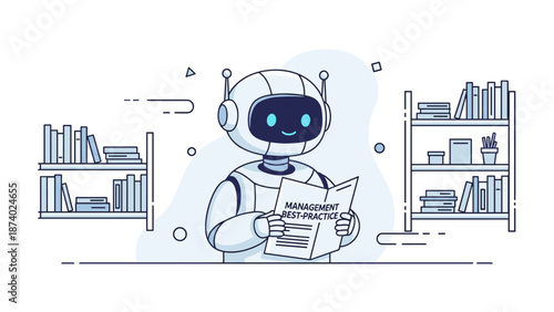 Robotic assistant reading a management best-practice book in a library setting