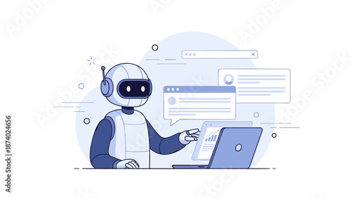 Futuristic robot interacting with laptop for data analysis and communication