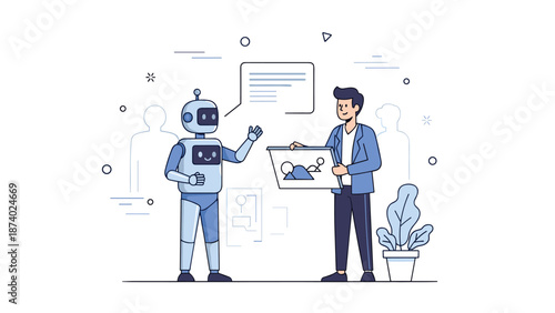 Caucasian male adult interacting with robot in modern office setting