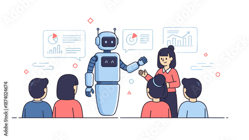 Robot presenting data to diverse group of young adults in meeting