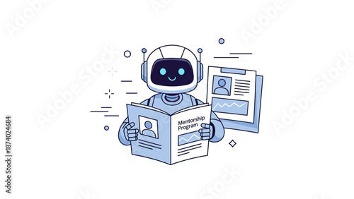 Cute robot engaged in reading a mentorship program brochure with data charts