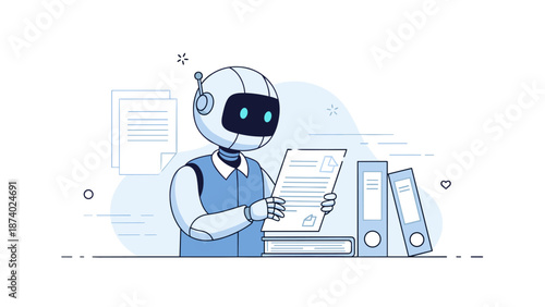 Friendly robot organizing documents in office setting