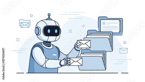 Ai robot sorting emails into digital folders with futuristic technology interface