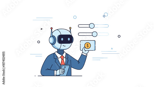 Futuristic robot in suit holding phone and currency icon in digital environment