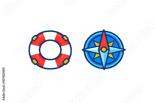 Life preserver and compass icons on dark background