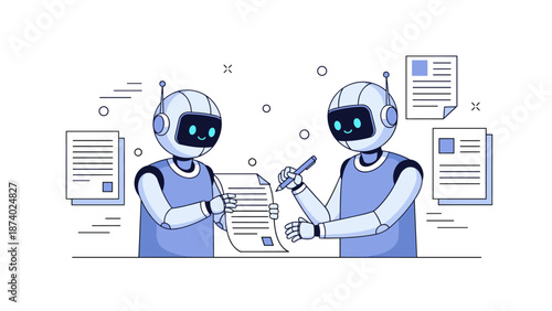 Two robots discussing and reviewing documents in a futuristic office setting