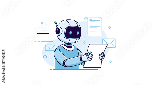 Wallpaper Mural Cartoon robot reading document with floating envelopes and emails Torontodigital.ca