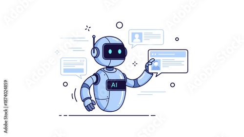 Friendly cartoon robot chatting with ai interface and speech bubbles