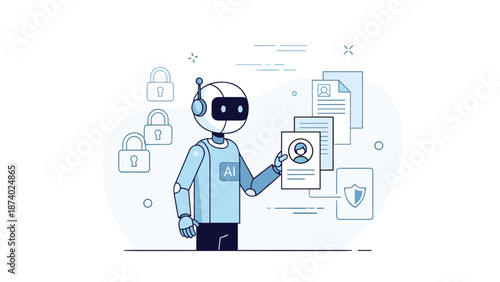 Ai robot analyzing digital documents with security icons