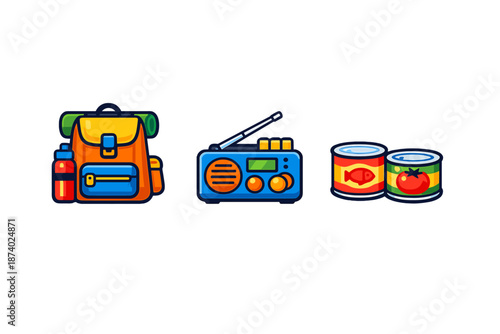Survival Gear Icons: Backpack, Radio, and Canned Food