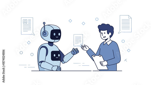 Robot and man engaging in conversation with documents in the background