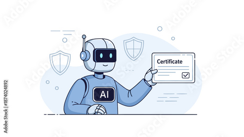 Ai robot holding a certification document in a digital illustration