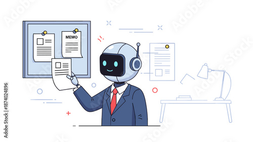 Business robot reviewing documents in modern office setting
