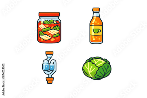 Fermentation icons: kimchi, kombucha, airlock, and cabbage