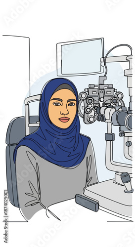 Muslim woman in hijab undergoing eye exam with phoropter. Optometry and vision health care concept. Vertical stylized continuous line art vector illustration