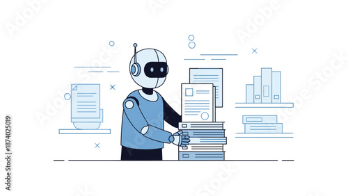 Robot organizing documents in an office setting with shelves and files