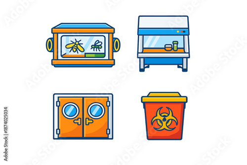 Set of four science lab icons on a dark background