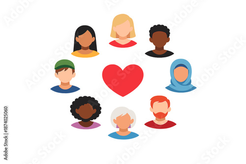Diverse people united by a red heart glowing with light