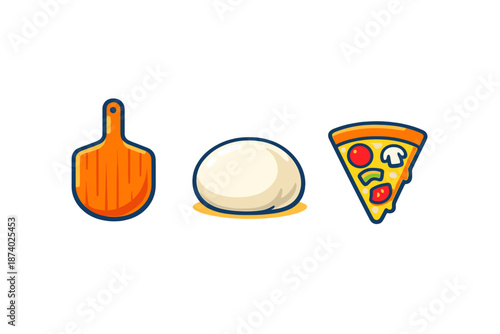 Pizza making icons: peel, dough, and slice