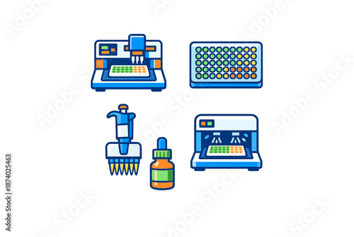 Laboratory equipment icons with blue glow