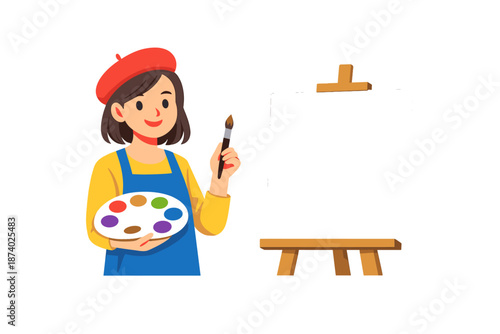 Artist with Palette and Brush in Front of Easel