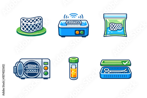 Medical sterilization equipment icons set