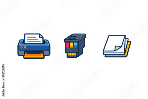 Printer, Ink Cartridge, and Paper Icons on Gray Background
