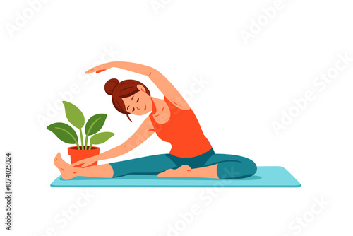 Woman doing yoga stretch next to potted plant