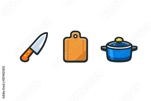 Kitchen Utensils Icons: Knife, Cutting Board, and Pot