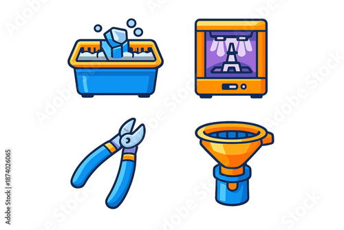 Set of four icons representing 3D printing tools and process