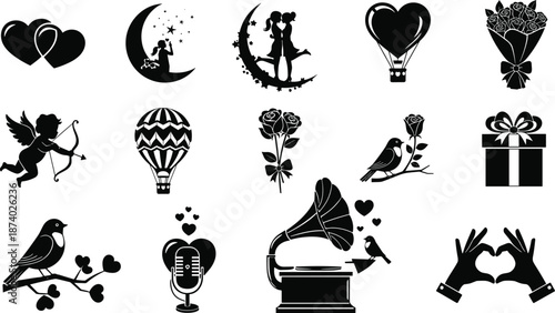 Romantic love vector icons with hearts, cupid, roses, couple on moon, gift box, birds, and Valentine’s Day celebration design