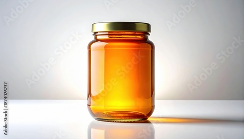 Empty glass jar designed for honey catching intense amber light and reflection