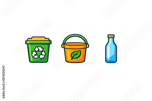 Recycling bin, compost bin, and glass bottle icons